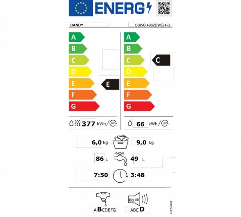 Πλυντήριο - Στεγνωτήριο Ρούχων Candy CSWS 4962DWE/1-S 9 kg/6 kg C / 230337