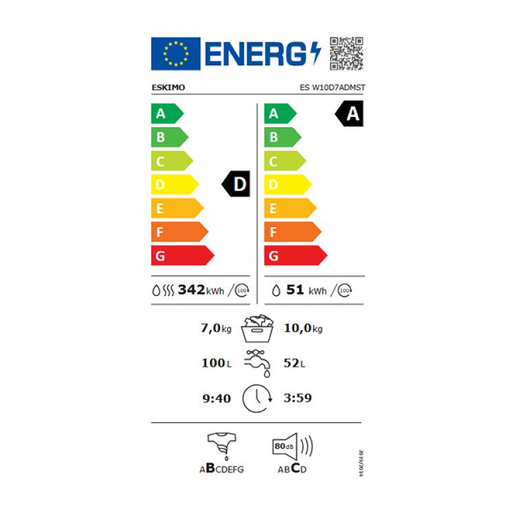 Πλυντήριο - Στεγνωτήριο Ρούχων Eskimo ES W10D7ADMST 10 kg/ 7 kg A/D