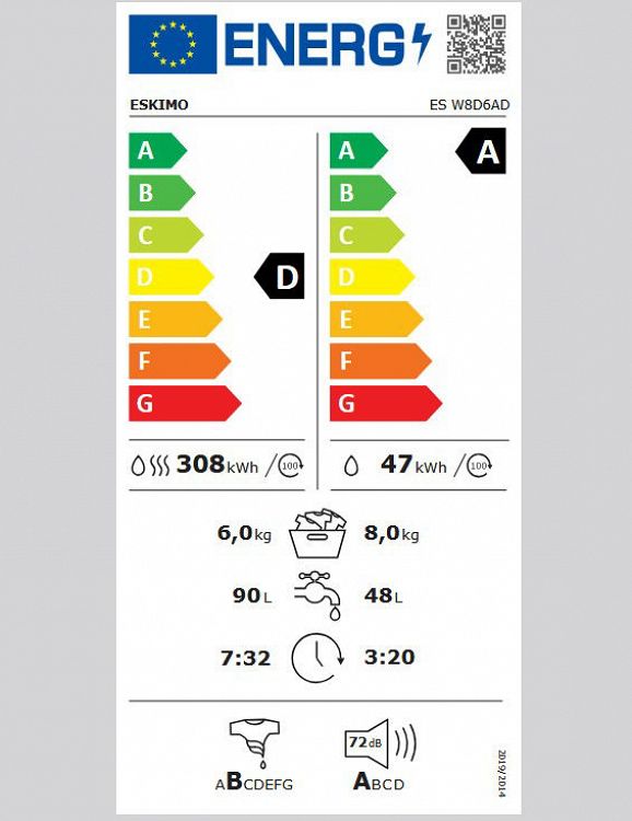 Πλυντήριο - Στεγνωτήριο Ρούχων Eskimo ES W8D6ADMST 8 kg/ 6 kg A-10%/D