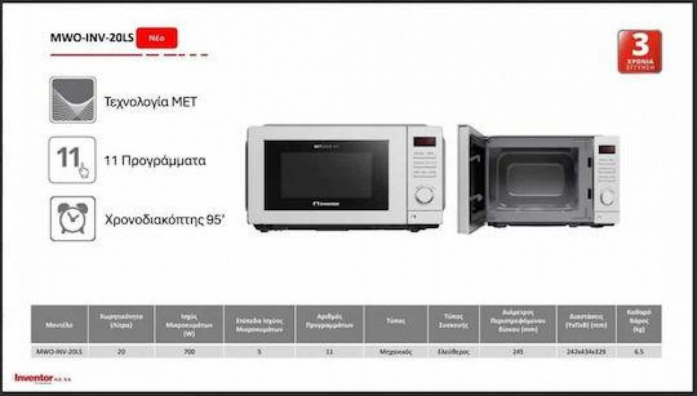 Φούρνος Μικροκυμάτων Inventor MWO-INV-20LS 20lt Ασημί